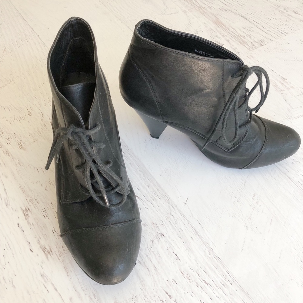 Black lace up ankle booties with stacked heel